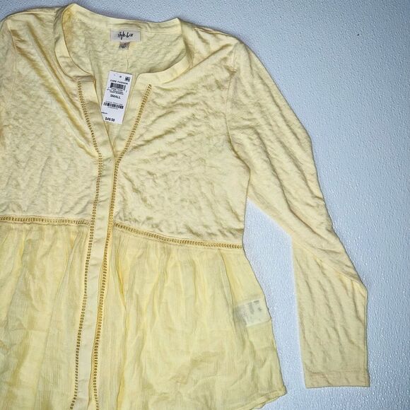 Style & Co Women's Long Sleeve V-Neck Mixed Woven Top Lemon Meringue Size S NWT - Picture 6 of 11